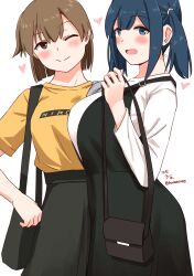 2girls absurdres bag black_dress black_skirt blue_eyes brown_eyes brown_hair clothes_writing commentary_request dress hatsukaze_(kancolle) highres hiryuu_(kancolle) hiryuu_(mitsukoshi_2023)_(kancolle) kantai_collection multiple_girls official_alternate_costume one_eye_closed orange_shirt shirt short_hair short_twintails shoulder_bag simple_background skirt souryuu_(kancolle) souryuu_(kure)_(kancolle) twintails watashitachino_kareshi white_background white_shirt
