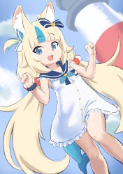Rule 34 | 1girl, animal ear fluff, animal ears, arms up, blonde hair, blue eyes, clenched hands, dress, fins, fish tail, highres, indie virtual youtuber, lighthouse, lolitabear, long hair, open mouth, outdoors, sameko saba, sleeveless, sleeveless dress, smile, solo, tail, twintails, virtual youtuber, white dress