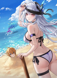 1boy 1girl all-devouring_narwhal_(genshin_impact) alternate_costume ass beach bikini blindfold_down blue_sky breasts buried cloud day from_behind genshin_impact grey_hair horizon long_hair looking_at_viewer looking_back medium_breasts mookyuu9 ocean orange_hair parted_lips red_eyes removing_blindfold shaded_face side-tie_bikini_bottom skirk_(genshin_impact) sky swimsuit tartaglia_(genshin_impact) thigh_strap white_bikini