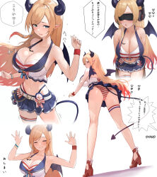 black_horns blonde_hair blue_eyes demon_girl demon_horns demon_tail demon_wings high_heel_sandals highres hololive horns maro2ki3 panties pointy_ears sandals speech_bubble striped_clothes striped_panties tail tattoo translation_request underwear virtual_youtuber winged_heart winged_heart_tattoo wings yuzuki_choco