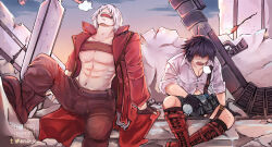Rule 34 | 1boy, 1girl, artist name, black gloves, black hair, boots, bottle, coat, dante (devil may cry), devil may cry, devil may cry (series), devil may cry 3, fingerless gloves, gloves, highres, holding, holding bottle, kalina ann (weapon), lady (devil may cry), navel, no shirt, ppan-kyu, red coat, rocket launcher, shirt, sitting, water bottle, weapon, white hair, white shirt