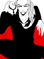 1boy akizuki_hakuto animal animal_on_shoulder bad_id bad_pixiv_id bird bird_on_shoulder closed_mouth commentary_request facial_hair formal_clothes goatee hattori_(one_piece) looking_at_viewer monochrome necktie one_piece ponytail rob_lucci sitting spot_color suit