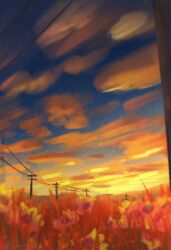 Rule 34 | atmospheric perspective, field, flower, flower field, landscape, meadow, mountainous horizon, no humans, orange clouds, original, outdoors, painterly, power lines, scenery, sky, star (sky), starry sky, sunflower, sunset, too many flowers, utility pole, zandra