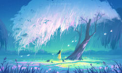 1girl animal arm_up artist_name bird black_hair cat dress field flower grass highres huhv. long_hair nature night original outdoors scenery sky solo standing star_(sky) starry_sky tree under_tree very_wide_shot wide_shot yellow_dress