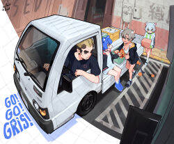 1boy 3girls :d =_= alley animal_ear_fluff animal_ears ankle_socks antenna_hair arm_rest artist_name asymmetrical_bangs bags_under_eyes bear_ears bear_girl beard_stubble beer_crate black_choker black_hair black_jacket black_pants black_shirt black_shoes black_shorts black_streaks black_tail blonde_hair blue_hair blue_leg_warmers blue_shoes blunt_bangs blunt_ends blunt_sidelocks bob_cut boss_(go!_go!_gris!) bottle bouncing box breasts broken_horns brown_horns buttons car cardboard_box carrying cat_ears cat_girl cat_tail center-flap_bangs choker cigarette cleavage closed_mouth cocked_eyebrow collarbone colored_tips commentary copyright_name crew_cut curled_tail curtained_hair dark-skinned_female dark_skin dolphin_shorts dot_nose double-parted_bangs drawstring dress dropped_food ear_piercing earrings english_commentary english_text extra_ears eyebrows_hidden_by_hair facial_hair fang fisheye flat_chest flipped_hair food foot_dangle from_above fruit furrowed_brow go!_go!_gris! gradient_tail green_eyes green_hoodie green_sleeve_cuffs green_trim grey_car grey_hair grey_hoodie grey_sandals grey_socks grey_tail grey_trim grid grin gris_(go!_go!_gris!) hair_intakes hair_over_one_eye half-closed_eyes hands_up highres holding holding_box holding_food holding_fruit hood hood_down hooded_jacket hoodie horns ice jacket jewelry kara_(go!_go!_gris!) kei_truck large_breasts leaning_forward leaning_to_the_side leg_warmers legs_together logo long_eyelashes long_hoodie long_sleeves looking_at_another looking_at_food looking_at_object looking_at_viewer looking_back looking_down looking_outside motion_lines motor_vehicle mouse_ears mouse_girl mouse_tail multicolored_hair multicolored_jacket multiple_girls multiple_piercings narrowed_eyes no_pants one-eyed open_clothes open_jacket open_mouth open_window orange_(fruit) pants parted_bangs pavement perl_(go!_go!_gris!) pickup_truck piercing pink_eyes pink_hair pink_jacket pink_tail pink_trim print_hoodie profile puffy_long_sleeves puffy_sleeves raised_eyebrow raised_eyebrows raised_inner_eyebrows sandals scar scar_across_eye scar_on_face shirt shoes short_dress short_hair short_shorts short_sleeves shorts sideburns sideburns_stubble sidelocks sideways_mouth sitting sleeveless sleeveless_dress sleeves_past_wrists slides slip-on_shoes slit_pupils smile smoking sneakers socks spaghetti_strap sports_bra stubble stud_earrings tail thick_eyebrows thick_eyelashes thumbs_up truck turning_head turtleneck turtleneck_shirt two-sided_fabric two-sided_hoodie two-sided_jacket two-tone_hair two-tone_hoodie two-tone_jacket two-tone_tail unbuttoned v-shaped_eyebrows walking white_background white_dress white_sandals white_socks white_sports_bra window yellow_eyes yellow_jacket zepocketdroid