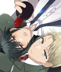 2boys aqua_eyes black_hair black_necktie blonde_hair blush bottle formal_clothes green_jacket green_pants green_suit holding holding_bottle jacket male_focus mello79 multiple_boys necktie open_mouth pants red_necktie shirt short_hair spy_x_family suit twilight_(spy_x_family) white_shirt wine_bottle yaoi yuri_briar