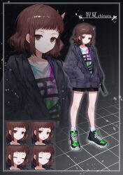 1girl :d :o absurdres black_jacket black_shoes black_shorts brown_eyes brown_hair closed_eyes green_shoes hair_ornament hand_in_pocket highres jacket looking_at_viewer multiple_views open_mouth original partially_unzipped shoes short_hair shorts smile sneakers standing translation_request waka_(shark_waka)