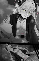 1boy 1girl body_markings breasts censored choker clenched_teeth cloak cowgirl_position crossed_bangs demon_girl demon_horns fate/grand_order fate_(series) girl_on_top green_eyes greyscale hair_between_eyes hetero highres horns lilith_(fate) lilith_(second_ascension)_(fate) long_hair looking_at_viewer lying medium_breasts missionary monochrome navel on_back open_mouth penis pussy sex smile spot_color stomach_tattoo straddling tattoo teeth textless_version twintails vaginal very_long_hair wakamochi-ta
