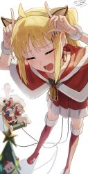 +_+ 4girls absurdres ahoge animal_ear_hairband animal_ears black_hairband blonde_hair blush bocchi_the_rock! boots candy_hair_ornament capelet chibi closed_eyes coin commentary dated detached_ahoge dress fake_animal_ears food-themed_hair_ornament fur-trimmed_boots fur-trimmed_capelet fur_trim ghost giving_up_the_ghost gotoh_hitori hair_ornament hairband highres holding holding_phone horns_pose ijichi_nijika kita_ikuyo knee_boots long_hair multiple_girls open_mouth phone red_capelet red_dress red_footwear santa_costume seisyuntarotto side_ponytail simple_background sled solo_focus sweatdrop symbol-only_commentary taking_picture white_background yamada_ryo