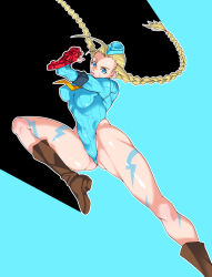 1girl ass blonde_hair blue_eyes blue_leotard boots braid cammy_white curvy fingerless_gloves gloves hat highleg highleg_leotard highres leotard lips long_hair long_sleeves muscular_legs necktie scar scar_on_face shiny_skin street_fighter street_fighter_zero_(series) thong_leotard twin_braids very_long_hair wide_hips ya_zatta