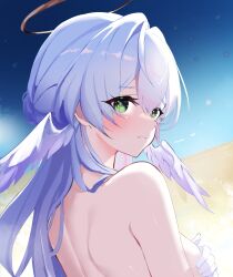 1girl absurdres blue_hair blush breasts closed_mouth commentary_request covered_erect_nipples from_behind gloves green_eyes halo head_wings highres honkai:_star_rail honkai_(series) long_hair medium_breasts ramune_ramune robin_(honkai:_star_rail) solo topless_female water white_gloves wings