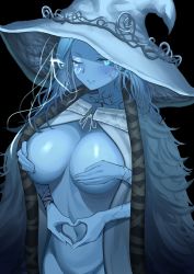 1girl 360_(taiyo360) absurdres alternate_breast_size blue_eyes blue_hair blue_skin blush breasts cloak coat colored_skin covering_privates covering_breasts crack cracked_skin elden_ring extra_arms extra_faces fur_cloak fur_coat hat heart heart-shaped_pupils heart_hands highres large_breasts long_hair looking_at_viewer open_clothes open_robe ranni_the_witch robe rope simple_background solo symbol-shaped_pupils wavy_hair witch witch_hat