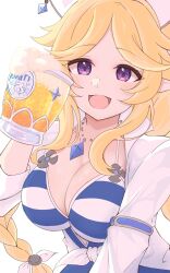 1girl :d alcohol beer beer_mug blonde_hair blue_one-piece_swimsuit braid breasts cleavage commentary cup hat highres holding holding_cup jacket large_breasts mug one-piece_swimsuit open_mouth parted_bangs princess_connect! purple_eyes simple_background smile solo striped_clothes striped_one-piece_swimsuit swimsuit tied_jacket upper_body utz_mkii_(kimiroriharu) white_background white_hat white_jacket yukari_(princess_connect!) yukari_(summer)_(princess_connect!)