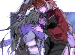 1boy 1girl black_dress braid brown_hair closed_mouth cowboy_shot dress family_hierarch_candidate_(identity)_(project_moon) folding_fan frilled_sleeves frills hand_fan heishou_pack-si_branch_(identity)_(project_moon) holding holding_fan ishmael_(project_moon) jingshenhuanghu limbus_company long_hair long_sleeves low_twin_braids mole mole_under_eye multicolored_hair orange_hair parted_bangs project_moon purple_eyes purple_scarf red_shrug rodion_(project_moon) scarf side_slit streaked_hair twin_braids upper_body very_long_hair