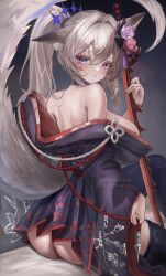 1girl absurdres animal_ear_fluff animal_ears ass bare_shoulders black_bow black_choker black_kimono black_thighhighs blue_eyes blue_hair bow breasts character_request choker clothing_cutout commission copyright_request flower grey_hair hair_bow hair_flower hair_intakes hair_ornament heterochromia highres holding holding_sword holding_weapon japanese_clothes katana kimono long_hair maison_de_cante multicolored_hair pink_eyes pink_hair ponytail purple_flower purple_rose red_flower red_rose rose sitting skeb_commission solo streaked_hair sword tail tail_through_clothes tassel tassel_hair_ornament thighhighs weapon