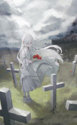 1girl absurdres ankle_strap black_smoke bouquet brooch cloud cloudy_sky commentary commentary_request corset cross day english_commentary flower frilled_hairband frilled_shirt frills full_body grass grave graveyard guribato hairband headband_ribbon highres holding holding_bouquet jewelry jitome latin_cross light_rays lolita_fashion lolita_hairband mary_janes mixed-language_commentary neck_ribbon original outdoors pale_skin petticoat poppy_(flower) red_eyes red_flower ribbon ruins scenery shirt shoes skirt sky sleeve_ribbon sleeves_past_wrists smoke solo standing sunbeam sunlight thighhighs tombstone white_corset white_hair white_hairband white_shirt white_shoes white_skirt white_thighhighs wide_sleeves