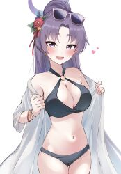 Rule 34 | bikini, black bikini, blue archive, blush, bracelet, breasts, commentary request, eyewear on head, fang, flower, hair flower, hair ornament, heart, highres, jacket, jacket partially removed, jewelry, large breasts, looking at viewer, o-ring, o-ring bikini, open clothes, open jacket, open mouth, ponytail, purple eyes, purple hair, s tekenoko, skin fang, sunglasses, swimsuit, white jacket, yukari (blue archive), yukari (swimsuit) (blue archive)