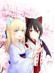 Rule 34 | 2girls, alternate costume, angel wings, animal ears, artist name, bat wings, black hair, blonde hair, blue eyes, cat ears, cat girl, cherry blossoms, dated, emil chronicle online, hakama, halo, highres, japanese clothes, kimono, long hair, multiple girls, nekomata kuro, nekomata shiro, open mouth, red eyes, signature, white wings, wings, yukuri