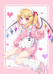 1girl alternate_costume apron bat_hair_ornament blonde_hair blowing_bubble_gum bow chewing_gum commentary_request enmaided flandre_scarlet full_body grid_background hair_bow hair_ornament heart jacket jersey_maid leg_warmers long_hair long_sleeves looking_at_viewer maid maid_headdress mimi_(mimi_puru) one_side_up pink_jacket pink_nails pink_shoes pink_shorts pixel_heart puffy_long_sleeves puffy_sleeves red_bow shoes shorts sitting sneakers solo touhou track_jacket unconventional_maid v waist_apron white_apron white_background white_leg_warmers wings yokozuwari zipper