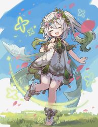 1girl bloomers blue_sky blush bracelet closed_eyes cloud commentary dress flower flower_symbol flower_wreath full_body genshin_impact gold_trim gradient_hair grass green_hair grey_hair hair_ornament head_wreath highres jewelry komerina leaf_hair_ornament leg_up multicolored_hair nahida_(genshin_impact) open_mouth outdoors petals pointy_ears side_ponytail sidelocks sky smile solo toeless_footwear underwear white_bloomers white_dress white_footwear
