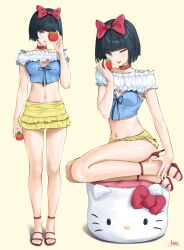 1girl bare_legs bare_shoulders black_hair blue_ribbon bow chaesu collar crop_top feet food frilled_skirt frills fruit full_body hair_bow hello_kitty hello_kitty_(character) high_heel_sandals highres holding holding_food holding_fruit legs looking_at_viewer midriff miniskirt multiple_views navel original red_bow red_collar red_sandals ribbon sandals sanrio shadow shirt short_hair simple_background skirt stomach strappy_heels toenails toes yellow_shirt