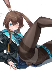 1girl absurdres amiya_(arknights) animal_ear_fluff arknights arm_support ascot ass black_jacket black_pantyhose blue_ascot blue_choker blue_eyes blush brown_hair choker closed_mouth frilled_ascot frills hair_between_eyes highres hood hood_down hooded_jacket jacket jewelry legs_up long_hair long_sleeves looking_at_viewer miniskirt multiple_rings one_eye_closed open_clothes open_jacket panties panties_under_pantyhose pantyhose plaid_clothes plaid_skirt pleated_skirt rabbit_girl rabbit_tail reclining remapack77 ring sidelocks simple_background single_ear_down skirt solo tail thigh_strap thighs underwear white_background white_panties