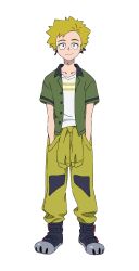 1boy blonde_hair boots clothes_around_waist earrings eyeshadow full_body green_eyeshadow green_shirt gundam gundam_gquuuuuux hands_in_pockets highres jacket jacket_around_waist jewelry jumpsuit kaine_(gundam) looking_at_viewer makeup male_focus official_art open_clothes open_shirt pants shirt short_hair short_sleeves simple_background sleeves_tied_together solo spiked_hair standing t-shirt transparent_background white_shirt work_boots yellow_pants