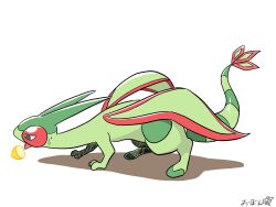 0bon all_fours animal_focus colored_skin commentary_request flygon food fruit gen_3_pokemon green_skin highres horns lemon meme nintendo no_humans pokemon pokemon_(creature) shadow simple_background sweat tail thour_(meme) tongue tongue_out translation_request white_background wings