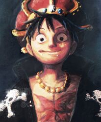 1boy black_background black_hair chest_tattoo commentary_request crown high_collar highres jewelry looking_at_viewer male_focus monkey_d._luffy necklace one_piece oooooogu24 pearl_necklace scar scar_on_face short_hair skull_and_crossbones smile solo tattoo tongue tongue_out twitter_username upper_body score:0 rating:general Rule 34 | 1boy, black background, black hair, chest tattoo, commentary request, crown, high collar, highres, jewelry, looking at viewer, male focus, monkey d. luffy, necklace, one piece, oooooogu24, pearl necklace, scar, scar on face, short hair, skull and crossbones, smile, solo, tattoo, tongue, tongue out, twitter username, upper body