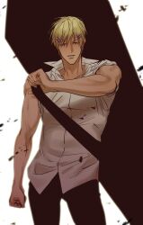 Rule 34 | 1boy, bad link, black pants, blonde hair, blue eyes, coffin, hair ornament, highres, holding coffin, male focus, muscular, muscular male, pants, sendagaya tetsu, servamp, short hair, sleeveless, white background