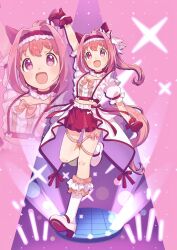 Rule 34 | 1girl, :d, animal ears, arm up, bow, breasts, cleavage, commentary request, ear bow, flower-shaped pupils, frilled socks, frills, gloves, hair intakes, hairband, haru urara (umamusume), high heels, highres, horse ears, horse girl, horse tail, horseshoe, jacket, midriff, moko39 takasora, open mouth, pink background, pink bow, pink hair, pleated skirt, ponytail, puffy short sleeves, puffy sleeves, purple eyes, red gloves, red hairband, red skirt, shirt, shoes, short sleeves, skirt, smile, socks, solo, symbol-shaped pupils, tail, umamusume, white bow, white jacket, white shirt, white shoes, zoom layer