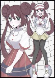 Rule 34 | 1girl, absurdres, alternate costume, black pantyhose, blue eyes, blush, breasts, brown hair, donut hair bun, double bun, dress, hair bun, hat, highres, long hair, looking at viewer, nintendo, official alternate costume, open mouth, pantyhose, pantyhose under shorts, poke ball print, pokemon, pokemon bw2, pokestar studios, raglan sleeves, rosa (pokemon), school uniform, shirt, short sleeves, shorts, simple background, smile, solo, twintails, visor cap, yellow shorts, yon (motomu22)