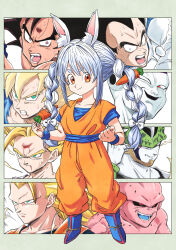 Rule 34 | absurdres, animal ears, aura, black hair, black sclera, blonde hair, blood, blood from mouth, blood on face, blue footwear, blue hair, blue sash, blue shirt, boots, braid, carrot hair ornament, cell (dragon ball), colored sclera, colored skin, cosplay, dougi, dragon ball, dragonball z, final form frieza, food-themed hair ornament, frieza, g9 (jiiku), green eyes, hair ornament, highres, hololive, kamehameha (dragon ball), kid buu, long hair, majin buu, medium hair, mixed-language commentary, no eyebrows, orange eyes, orange pants, orange shirt, pants, pink skin, rabbit ears, rabbit girl, red eyes, sash, shirt, short sleeves, son gohan, son goku, son goku (cosplay), spiked hair, super saiyan, super saiyan 1, super saiyan 2, super saiyan 3, twin braids, usada pekora, vegeta, virtual youtuber, white hair, white skin