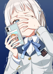 1girl blue_background blue_eyes blue_ribbon braid breasts check_commentary commentary_request covering_own_eyes gakuen_idolmaster grey_jacket half_up_braid hand_on_own_face hatsuboshi_gakuen_school_uniform highres holding holding_phone idolmaster jacket kamelie katsuragi_lilja long_sleeves neck_ribbon partial_commentary phone photo_(object) ribbon school_uniform shirt shiun_sumika short_hair simple_background small_breasts solo sweat trembling white_hair white_shirt