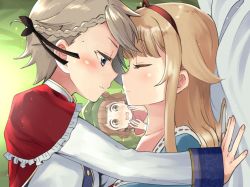 Rule 34 | 3girls, ange (princess principal), beatrice (princess principal), blonde hair, blush, brown eyes, brown hair, closed eyes, frills, girl on top, green headwear, hairband, hat, imminent kiss, multiple girls, niina ryou, princess principal, wavy mouth, yuri