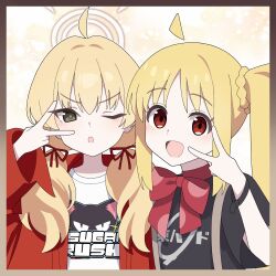 Rule 34 | 2girls, absurdres, ahoge, black eyes, black shirt, blonde hair, blue archive, bocchi the rock!, bracelet, commentary request, hair ornament, hair ribbon, halo, highres, ijichi nijika, jacket, jewelry, long hair, long sleeves, looking at viewer, low twintails, multiple girls, neck ribbon, one eye closed, open clothes, open jacket, open mouth, red eyes, red jacket, ribbon, shirt, side ponytail, t-shirt, twintails, upper body, v, vector (dmlddmld00), white shirt, yellow halo, yoshimi (band) (blue archive), yoshimi (blue archive)