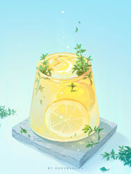 artist_name blue_background food food_focus fruit glass highres huhv. leaf lemon lemon_slice no_humans original plant simple_background still_life