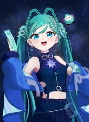 Rule 34 | 1girl, absurdres, aqua hair, aqua nails, blue eyes, blue jacket, braid, braided hair rings, breasts, commentary, crop top, earrings, hair ornament, hair rings, hatsune miku, heart, heart earrings, highres, inamida, jacket, jewelry, long hair, magical mirai (vocaloid), magical mirai miku, magical mirai miku (2025), medium breasts, midriff, navel, night, night sky, official alternate costume, official alternate hairstyle, open clothes, open jacket, open mouth, single earring, sky, smile, solo, star (sky), star (symbol), star hair ornament, starry sky, stomach, tanabata, twintails, very long hair, vocaloid