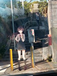 1boy 1girl absurdres banishment black_eyes black_hair black_shirt black_skirt black_vest bow bowtie brown_shoes building buttons commentary_request cropped_jacket fence finger_to_mouth fire_hydrant grey_jacket grin guest_art hand_in_pocket handrail highres jacket kamakura_(city) kneehighs kuze_masachika lapels loafers long_hair long_sleeves looking_at_viewer looking_back no_entry_sign notched_lapels outdoors pants pleated_skirt pole railing red_bow red_bowtie road_sign scenery school_uniform second-party_source seiren_academy_school_uniform shirt shoes short_hair siblings sign skirt smile socks stairs standing suou_yuki tokidoki_bosotto_roshia-go_de_dereru_tonari_no_alya-san tree vest white_shirt wind