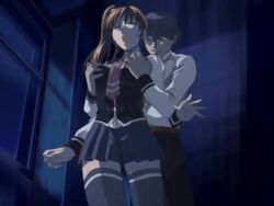 00s 1boy 1girl 2006 animated animated_gif arms_behind_back bible_black bible_black_only black_thighhighs breasts brown_hair buttons closed_eyes female_focus forced grabbing_another&#039;s_breast grope_from_behind groping hair_ornament hand_on_mouth imari_kurumi large_breasts lowres miniskirt necktie rape restrained school school_uniform shirt skirt standing tagme thighhighs white_shirt window zettai_ryouiki