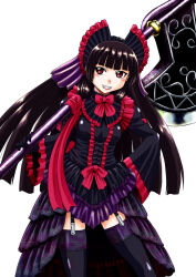 1girl axe battle_axe black_hair blunt_bangs blush bow breasts cowboy_shot frilled_bow frilled_sleeves frills garter_straps gate_-_jieitai_ka_no_chi_nite_kaku_tatakaeri gothic_lolita grin hair_bow holding holding_weapon lolita_fashion long_hair over_shoulder red_eyes red_ribbon ribbon rory_mercury sao_satoru smile solo thighhighs very_long_hair weapon weapon_over_shoulder wide_sleeves zettai_ryouiki