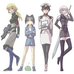 absurdres amasawa_yuuko black_hair blonde_hair blue_gender character_request claymore_(series) closed_mouth crossover dennou_coil full_body glasses gloves gun gundam gundam_seed hat highres holding holding_sword holding_weapon jacket long_hair marlene_angel multiple_girls one_eye_closed pencil_skirt raglan_sleeves rsk short_hair simple_background skirt sword thighhighs twintails weapon white_background