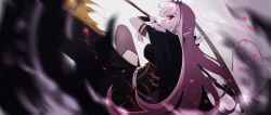 1girl aoi_kanan artist_name black_dress black_thighhighs blurry blurry_background breasts commentary depth_charge dress highres holding holding_scythe hololive hololive_english large_breasts long_hair looking_at_viewer mori_calliope mori_calliope_(1st_costume) pink_eyes pink_hair profile scythe shoulder_spikes single_thighhigh solo spikes thighhighs tiara veil virtual_youtuber