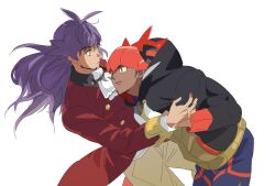 2boys ascot black_hoodie buttons ch_walnut closed_mouth facial_hair headband highres hood hood_down hoodie jacket leon_(pokemon) long_hair long_sleeves male_focus multiple_boys nintendo orange_headband pants pokemon pokemon_swsh purple_hair raihan_(pokemon) red_jacket shorts simple_background tailcoat white_ascot white_background yellow_eyes