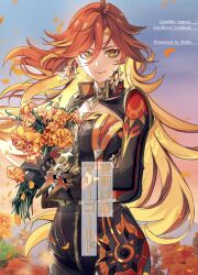 1girl absurdres ahoge biker_clothes bikesuit black_bodysuit black_gloves bodysuit bouquet breasts earrings flower genshin_impact gloves highres holding holding_bouquet holding_flower jewelry long_hair long_sleeves looking_at_viewer mavuika_(genshin_impact) multicolored_hair orange_eyes orange_hair red_hair shiba_(tonari_no_shiba_inu) smile solo two-tone_hair very_long_hair