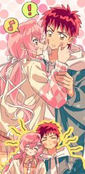 1boy 1girl artist_request artist_self-insert blue_jacket blush bow breasts clenched_hand commission couple dress emiya_shirou fate/stay_night fate_(series) flower_swing hair_ornament hand_up hetero highres igote jacket long_hair long_sleeves looking_at_another momomiya_shizuku_(gaoyue_jixiang) oc_x_canon open_clothes open_jacket open_mouth orange_hair original pastels pink_eyes pink_hair print_ribbon red_hair ribbon seasons second-party_source shirt short_hair skirt smile solo standing teeth twintails white_jacket