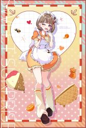 1girl absurdres apron ascot blonde_hair blush brown_hair brown_shoes character_name fang food fruit full_body hair_ornament hana_s heart highres holding looking_at_viewer loose_socks maid maid_headdress multicolored_hair one_eye_closed open_mouth orange_(fruit) orange_eyes orange_shirt sendo_yuuhi shirt shoes skin_fang socks solo streaked_hair twitter_username two-tone_hair virtual_youtuber vspo! waist_apron