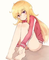 Rule 34 | 1girl, ahoge, bare legs, barefoot, blonde hair, blush, closed mouth, commentary, feet, full body, gabriel dropout, gabriel tenma white, hair between eyes, highres, jacket, legs, long hair, long sleeves, looking at viewer, no pants, panties, pantyshot, purple eyes, red jacket, rogu (log 264), sitting, solo, toes, track jacket, underwear, very long hair, white background, white panties, zipper pull tab