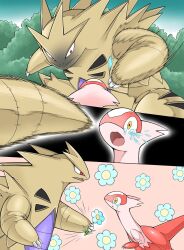 Rule 34 | animal focus, blue flower, claws, closed mouth, day, flower, gen 2 pokemon, gen 3 pokemon, highres, latias, legendary pokemon, nintendo, no humans, open mouth, outdoors, pokemon, pokemon (creature), pokemon focus, red eyes, tearing up, tears, tyranitar, watashihae, yellow eyes