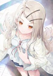 Rule 34 | 1girl, brown hair, casual, closed mouth, denim, denim shorts, fal maro, floating hair, from above, gakuen idolmaster, highres, idolmaster, jacket, light blush, long hair, long sleeves, looking at viewer, open clothes, open jacket, shinosawa hiro, shorts, smile, solo, standing, tagme, v-shaped eyebrows